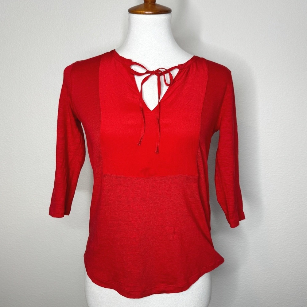 SANDRO Paris Silk & Linen Top XS/SM‎ Red Tie Front V Front & Back Natural Fibers